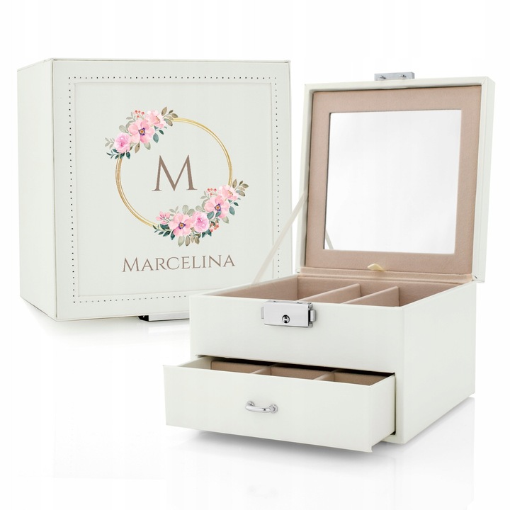 Cutie bijuterie, ecru, 16x16,5x11cm, cu oglinda si 9 compartimente, personalizabila