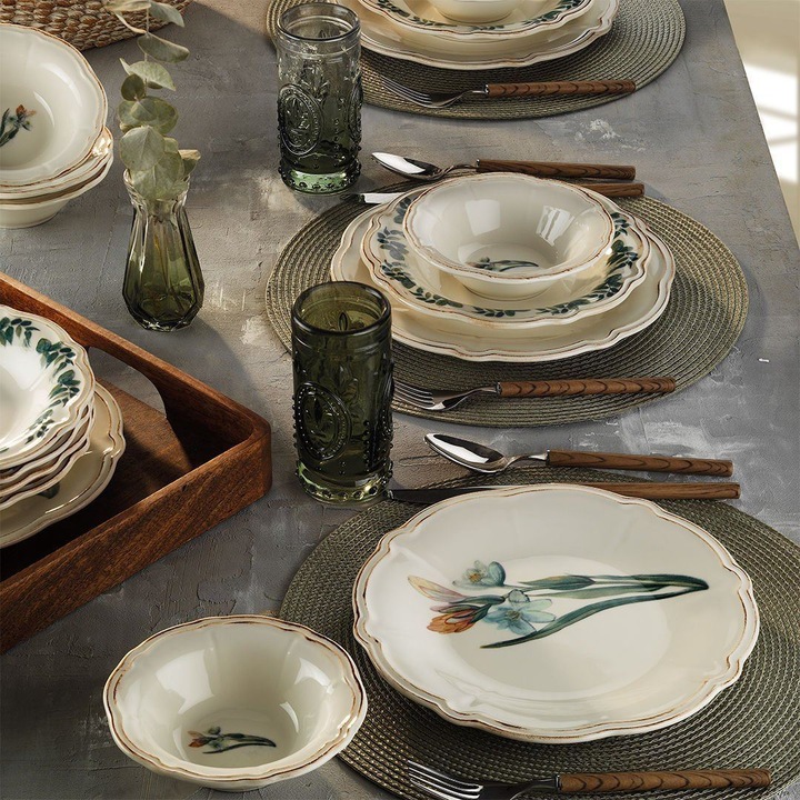 Set de masa 18 piese, Hermia Concept, portelan, alb, verde, scortisoara, dimensiuni: 26x26cm, 22x22cm, 17x17cm