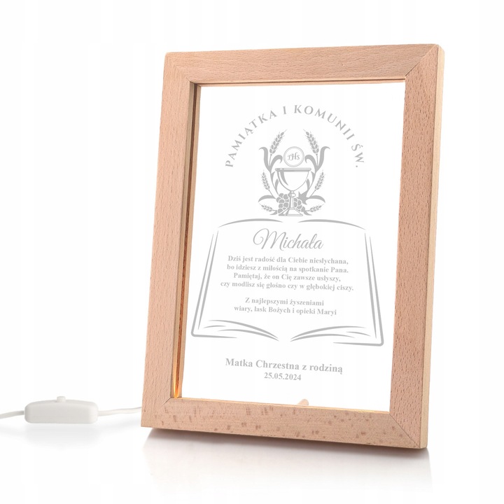 Rama LED personalizata pentru Comunie, 18x24x2cm, lemn de fag, plexiglas transparent, iluminare alba calda