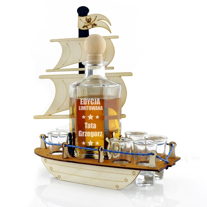 Карафа с 6 чаши, 0,5 л, от стъкло, дървена стойка, 24x22x13см