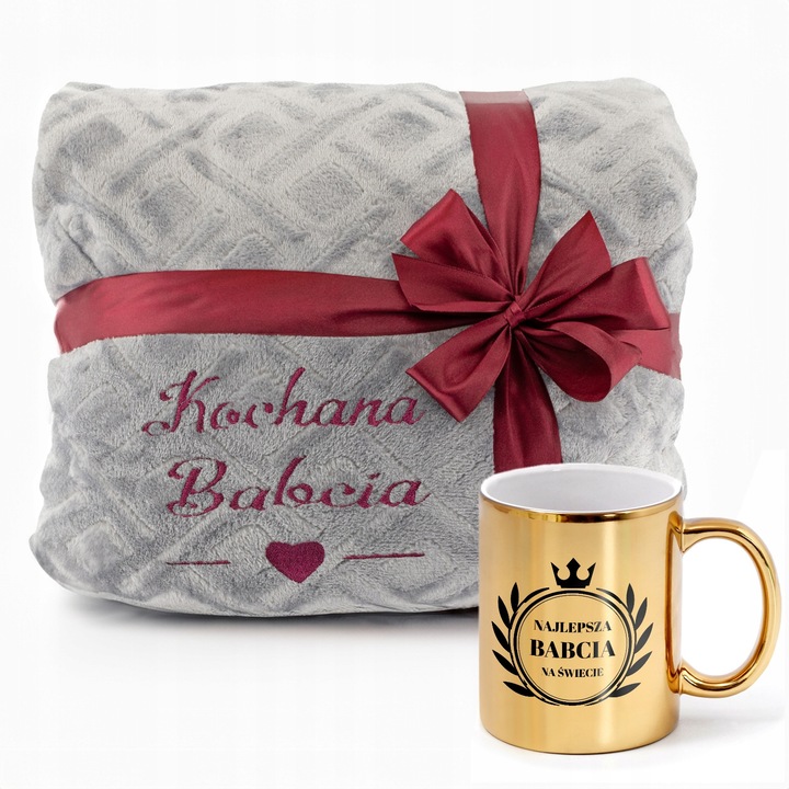 Testreszabható takaró és arany bögre szett, 200x220cm, szürke, 100% mikroszálas