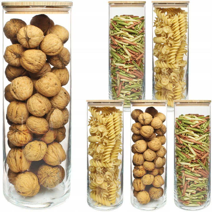 Комплект от 6 стъклени буркана с дървен капак, 1830мл, 10x29,5см, прозрачни