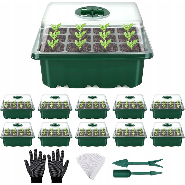 Set mini sera pentru plante, 11 piese, YUNSTK, dimensiuni 11x, material plastic, include etichete si unelte de gradinarit