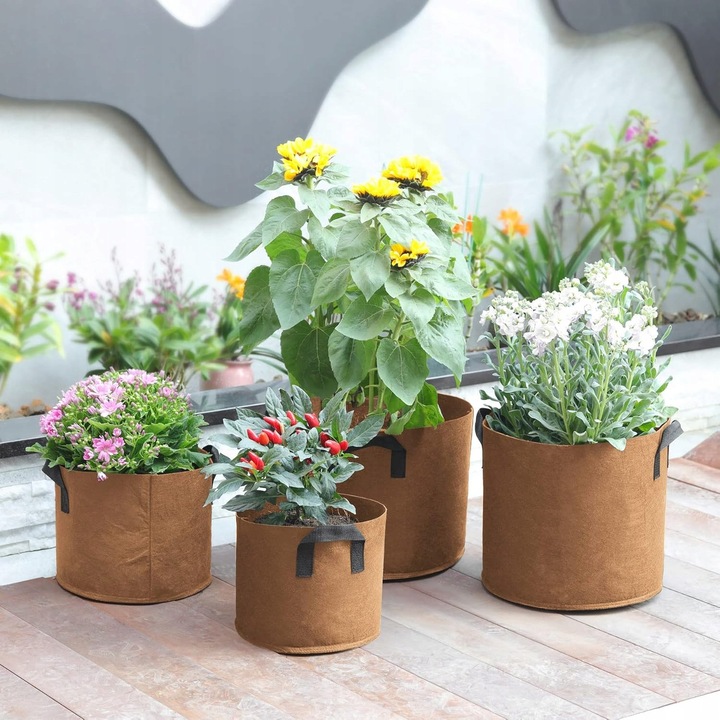 Set 5 Ghivece din Material Textil, 59L, 50x30cm, pentru Gradina, Terasa, Balcon