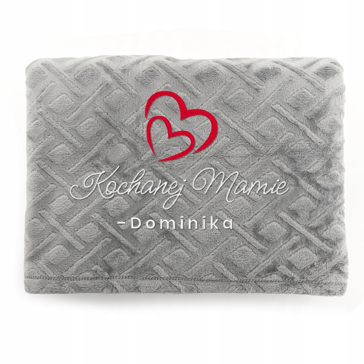 Személyre szabott mikroszálas takaró, 200x220cm, világosszürke, piros masnival, ajándékszett