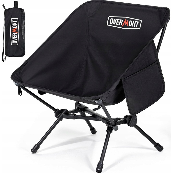 Scaun camping Overmont, pliabil, 42x15cm, negru, cu suport pentru bauturi