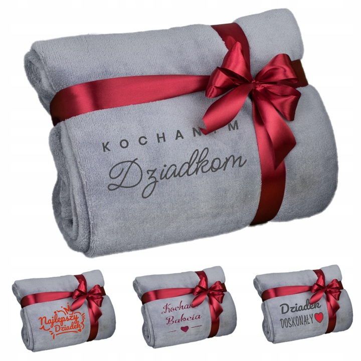 Személyre szabott mikroszálas takaró, szürke, 160x200cm, piros masnival, nagyszülőknek