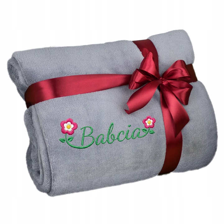 Szürke mikroszálas takaró hímzéssel, 160x200 cm, ajándékszett nagymama születésnapjára