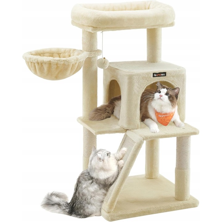 Drapak pentru pisici, Feandrea, 96cm, rampa 2 in 1, cu 2 mingi, bej, 45x30cm