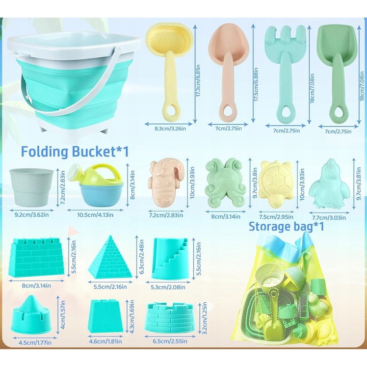 Strandszett játékok 18 db-os, összecsukható vödörrel, formákkal, lapáttal, gereblyével, szilikon anyagból, többszínű