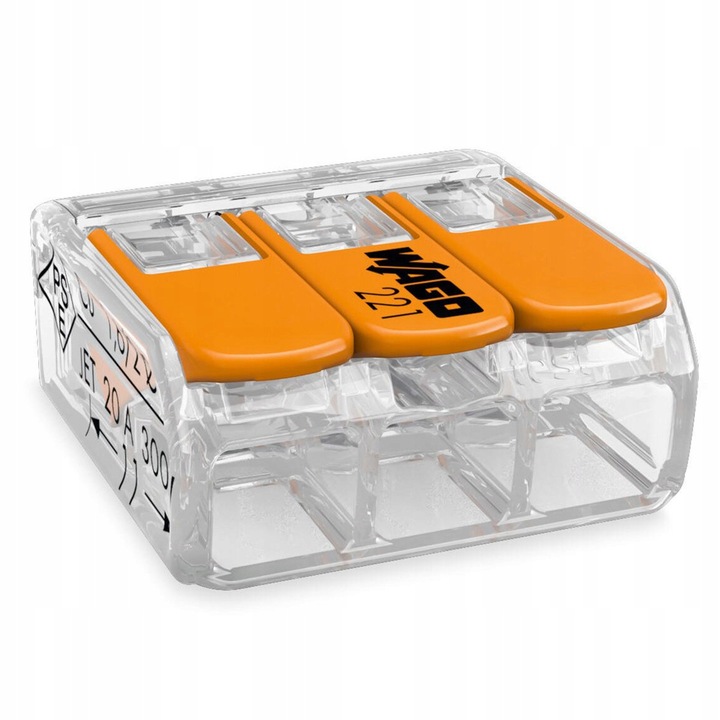Conector rapid Wago 221-413 Compact, 3 poli, cu Cage Clamp, 450V/32A, pentru conductoare 0,14-4,0 mm², transparent/portocaliu, 10 buc