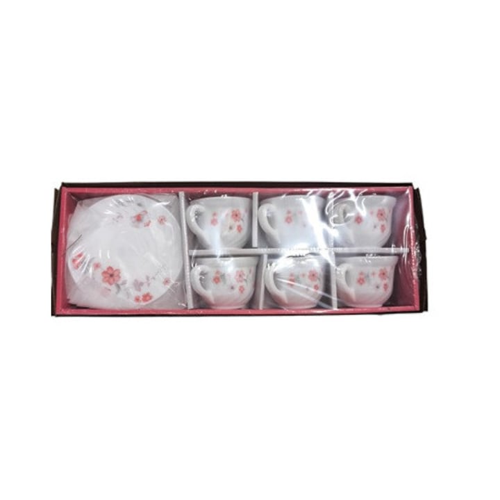 Set 6 cesti cu farfurioare cafea, opal flori rosii, Clini
