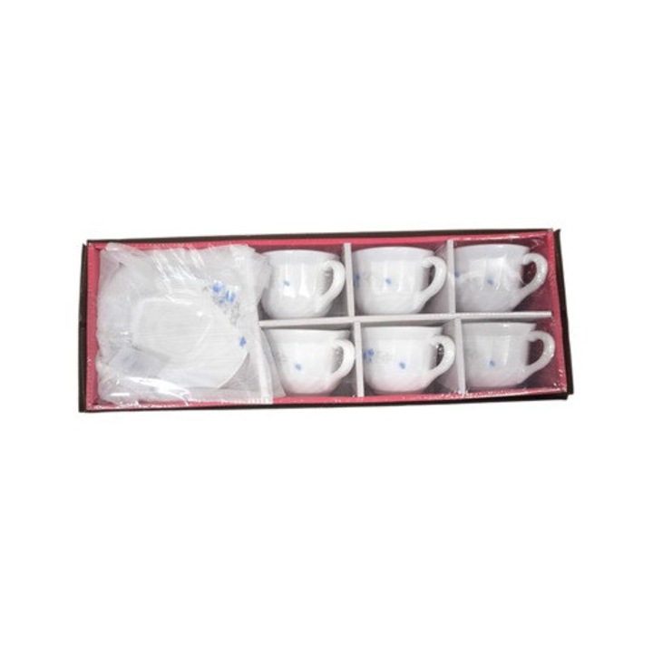 Set 6 cesti cu farfurioare cafea, opal flori albastre, Clini