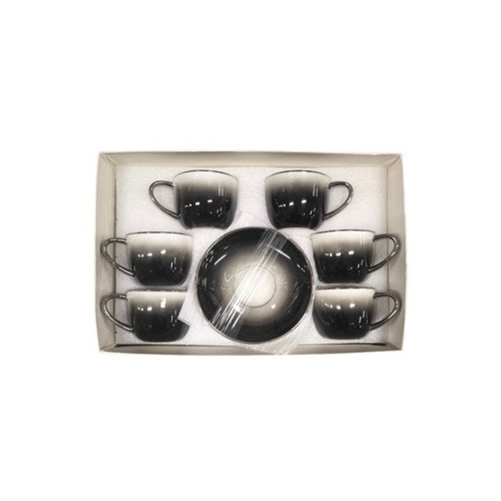 Set 6 cesti cu farfurioare cafea, ceramica negru-argintiu, Clini 3X-0274
