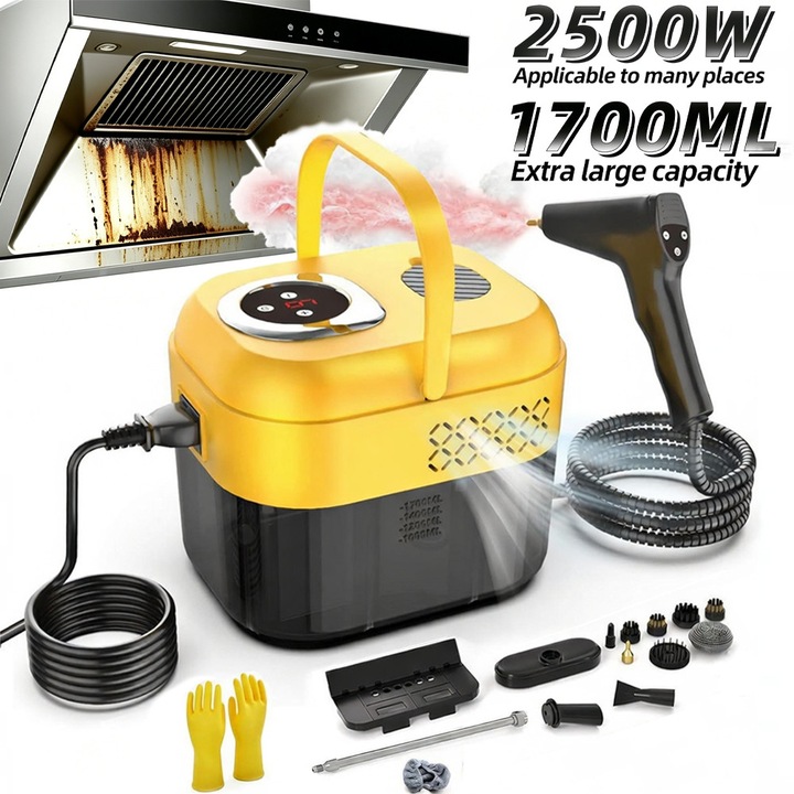 Aparat de curatat cu abur, Fain Mioritic®，2500W, capacitate super mare de 1700ML, ecran tactil digital cu control, sase viteze reglabile, incalzire rapida in 10 secunde, aparat de curatat cu abur multifunctional nou, include 15 accesorii, galben