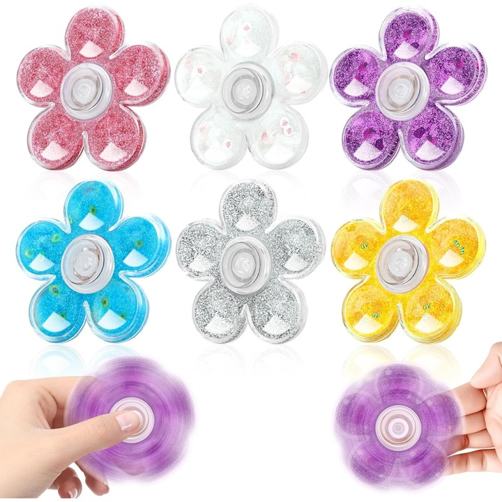 Комплект 6 броя Fidget Spinner Coolden с течни брокати, антистрес играчки за деца и възрастни, ръчен спинер, релакс, концентрация, многоцветен