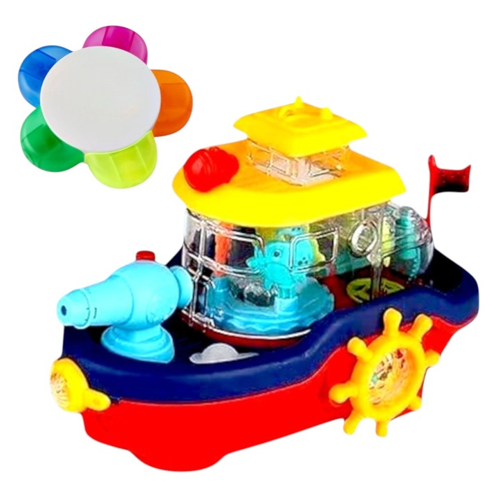 Играчка кораб, звукови и светлинни ефекти, с водно оръдие, многоцветен, 3 години+, нетоксични материали, с гладки и заоблени ръбове с мини флумастер 10 см, 5 флуоресцентни маркера, ABS
