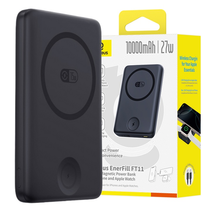 Power Bank cu Magnetic Power Bank EnerFill FT11 (P1008210G123-00), Baseus, Type-C Cable Included, for iWatch/Phone, 10000mAh, 27W - Cosmic Black