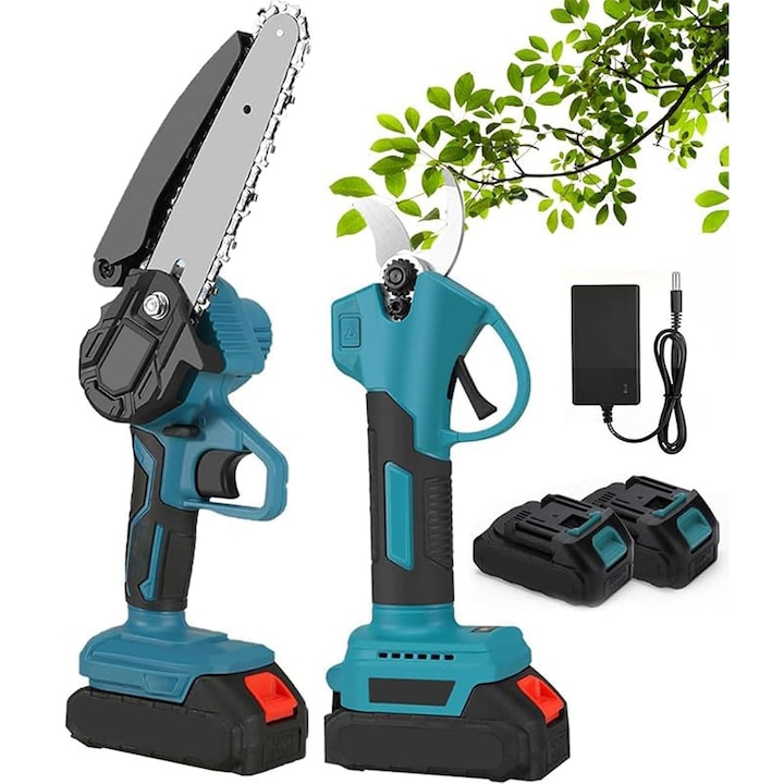 Set Profesional Foarfeca Electrica de Taiat Crengi + Mini Drujba, Acumulator 21V Inclus, 2 Baterii, Incarcator Rapid, Pentru Gradinarit, Livezi si Vita de Vie, HAPPY JOKER®