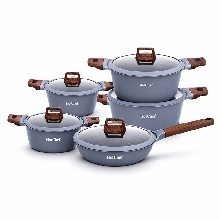 Set 12 Piese Vase de Gatit Antiaderente, 20/24/26 cm Oale cu Capace, Tigaie 28 cm, Manere Tip Lemn