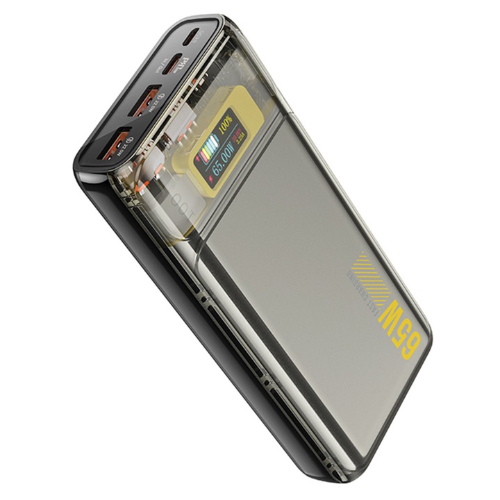Baterie Externa 20000 mAh Model Q13 2 Porturi USB USB-C Digital Display Quick Charge 65W Negru Hoco