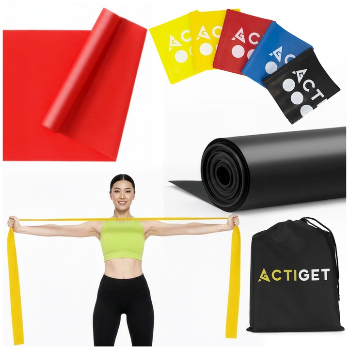 Set benzi de rezistenta, actiget, 5 piese, rezistenta 1-15 kg, pentru exercitii, reabilitare, antrenament de forta, functionale, stretching, multicolore, geanta de depozitare, poliester, latex, elastice, durabile, latime 15 cm, certificat