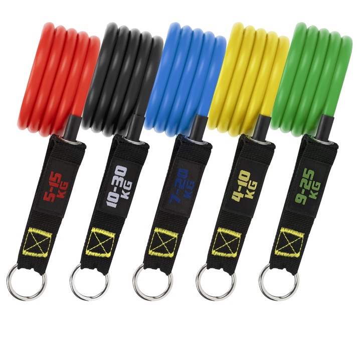 Set de expandoare pentru benzi de rezistenta, actiget, 5 piese, culori diferite, pentru exercitii, benzi de fitness, include manere, curele pentru glezna, ancora pentru usa, husa, material: TPE, poliester, metal, lungime banda: 117 cm, lungime banda cu