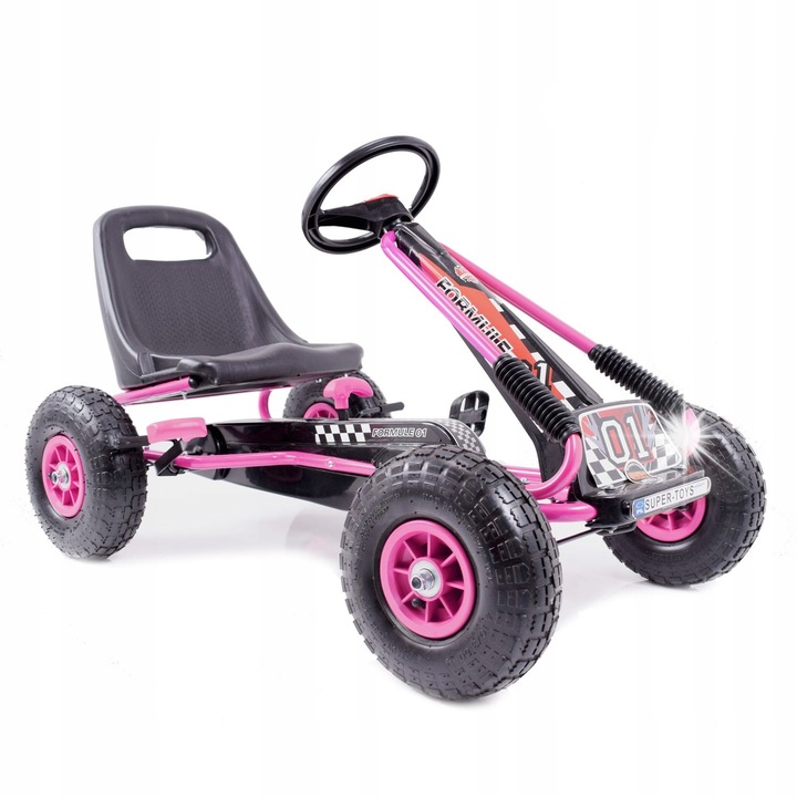 A-15 gyermek gokart, rózsaszín, felfújható kerekekkel, acélvázzal, állítható üléssel