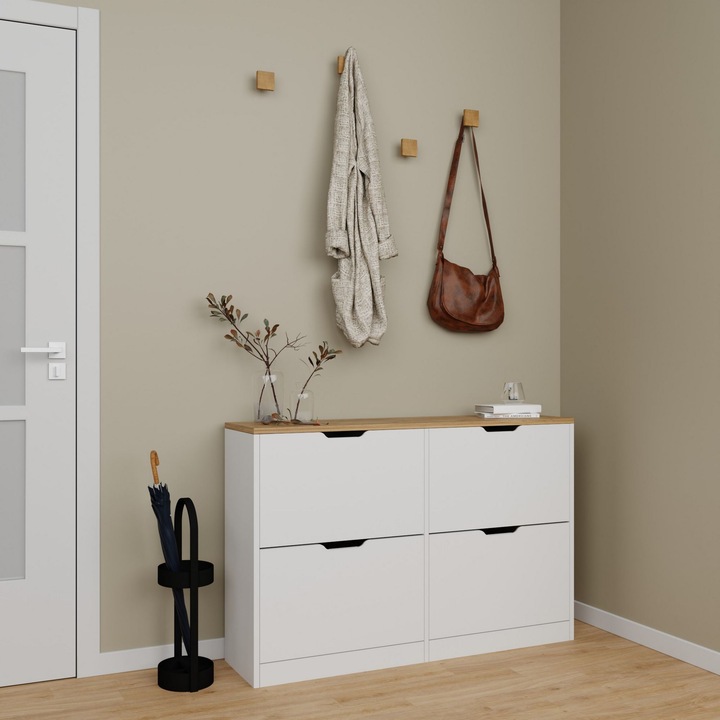 Dulap pantofi Woody Fashion, 392, alb mat, 18mm, 120,5x79,2x30cm, cu rafturi, fixare pe perete