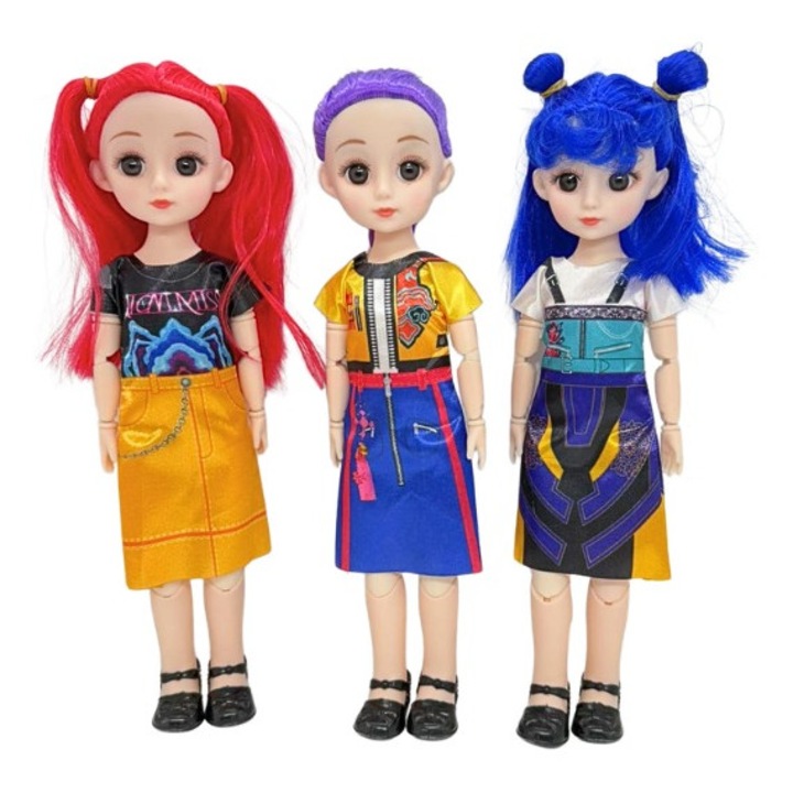 Set 3 Papusi Fashion pentru Fete, 30 cm, Papusi cu Par Colorat Rosu, Mov si Albastru, Jucarie Copii 3+