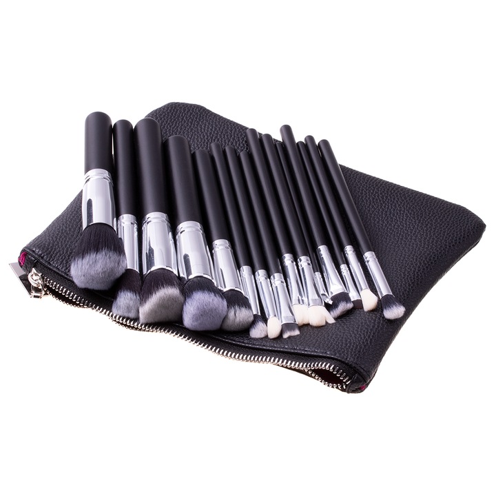 Set pensule machiaj 15szt, Clean, negru, etui elegant, diverse dimensiuni