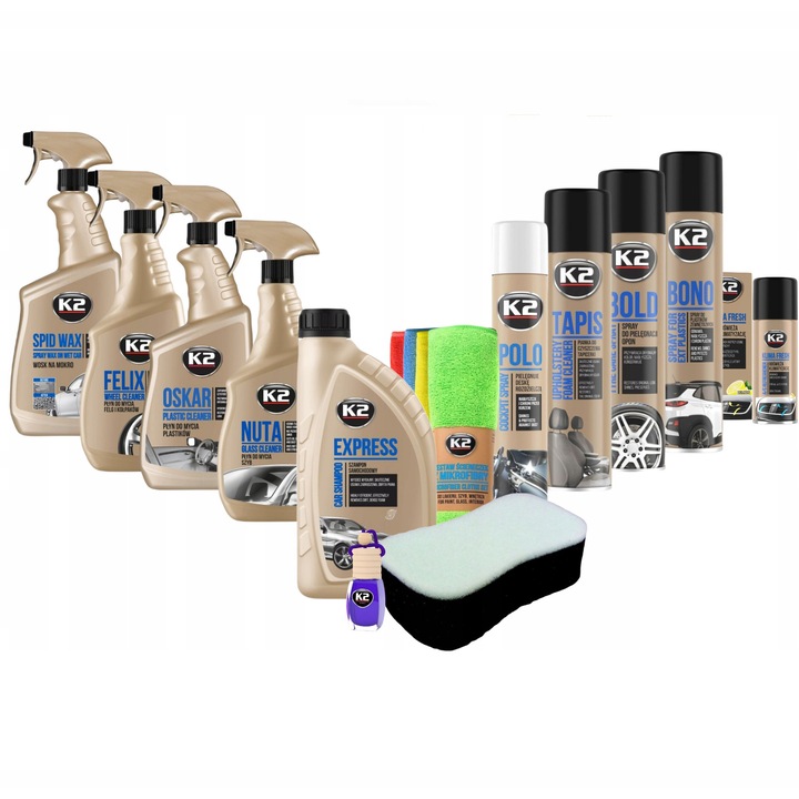 Set K2 pentru curatarea si intretinerea masinii, 14 produse, multicolor