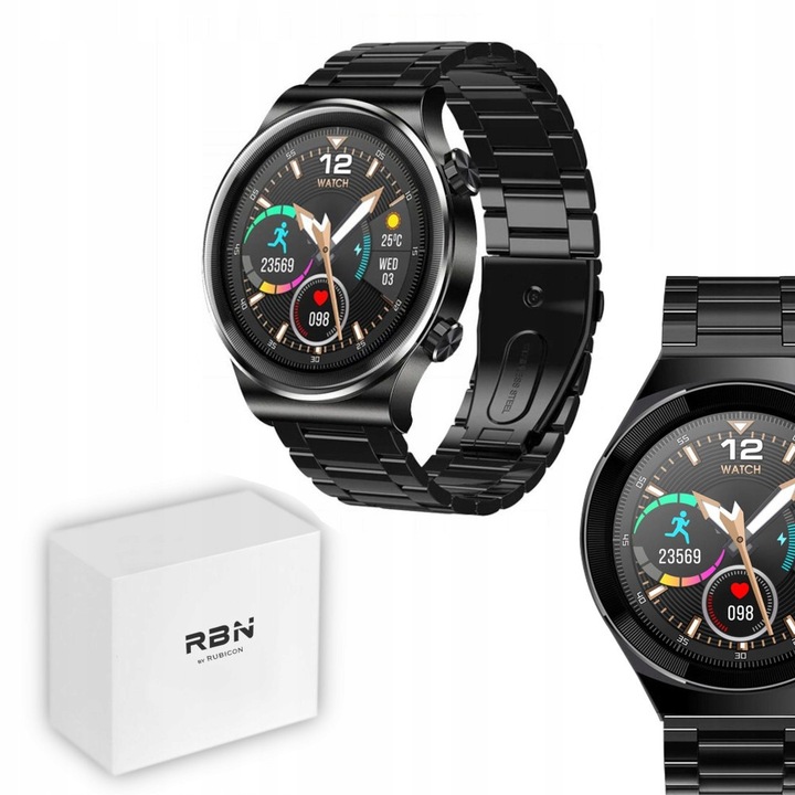 Ceas barbaresc Rubicon, smartwatch, 1.3 inch, negru, impermeabil, set cu cablu USB