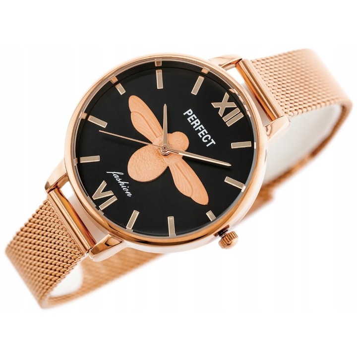 Ceas dama Perfect, model S638, roz auriu, mecanism quartz, 38x46x9mm, bratara metalica