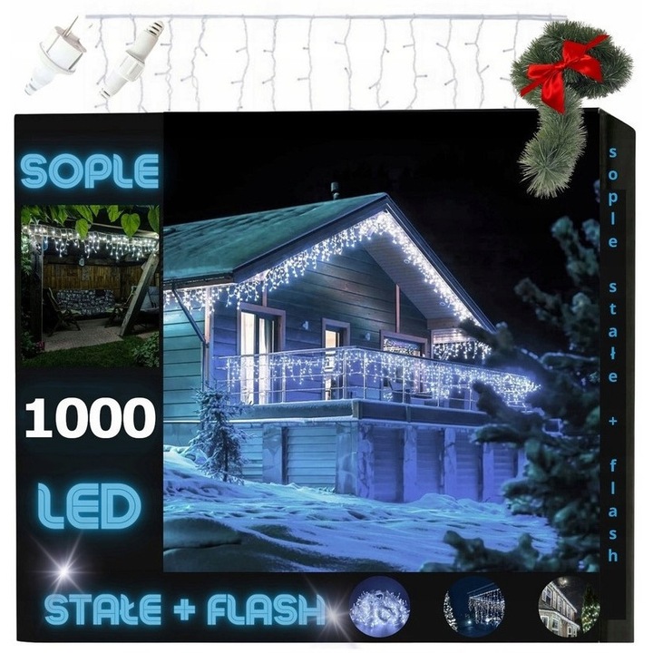 Ледени висулки LED 1000, 40м, студено бяло, с функция светкавица, водоустойчиви