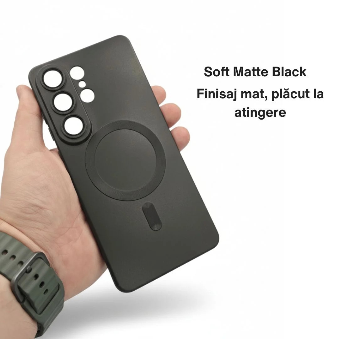 Husa pentru telefon, silicon, neagră mată, pentru Samsung Galaxy S26 Ultra, cu inel magnetic și protecții pentru camere