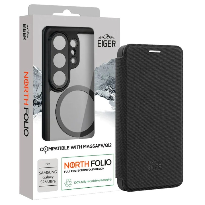 Husă Eiger North Folio Magsafe pentru Samsung Galaxy S26 Ultra, Negru, 2 sloturi pentru carduri, material PU