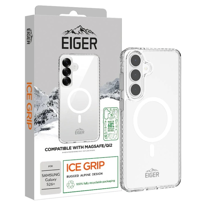 Carcasa Eiger Ice Grip Magsafe GRS Transparent pentru Samsung Galaxy S26 Plus, material reciclat, protecție împotriva căzăturilor