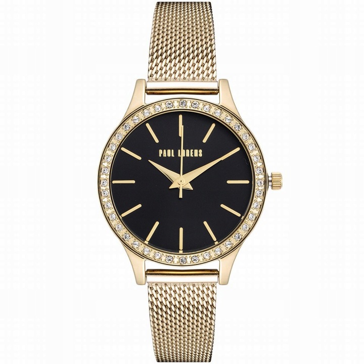 Ceas dama Paul Lorens Vanessa, mecanism quartz, cureaua din otel mesh, culoare neagra, dimensiuni 33x40mm, set cu cutie de prezent