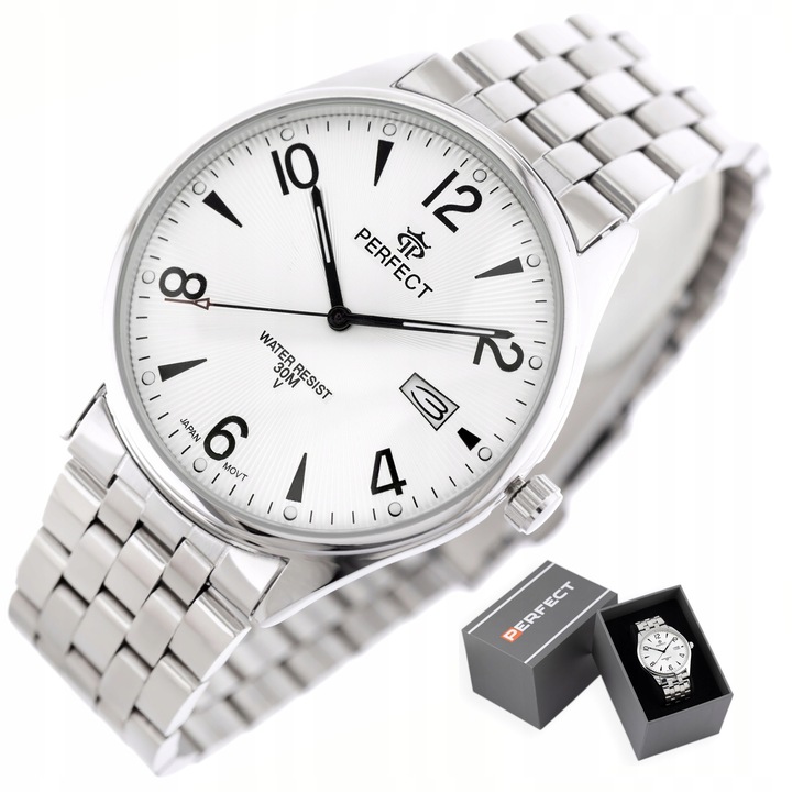 Ceas barbatesc Perfect Zefron, bratara argintie, cadran argintiu, mecanism japonez, 42x42x8mm, set cu cutie gravata