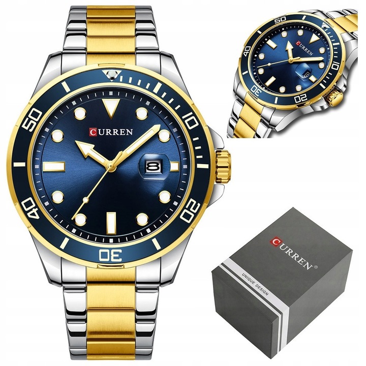 Ceas barbatesc Curren ZC035, bratara aurie-silver, cadran verde, 46x46x13mm, set cu cutie si gravura