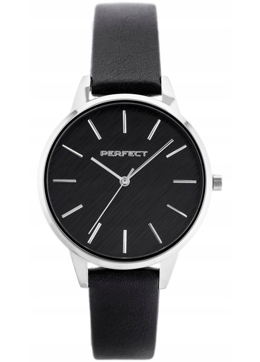 Ceas de dama Perfect E374-03, mecanism japonez, carcasa argintie, curea neagra, set cu cutie si gravura