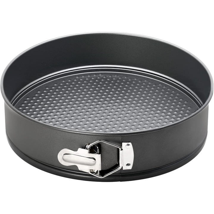 Forma rotunda pentru tort, 26 cm, cu clema, fabricata din otel carbon, antiaderenta, detasabila, potrivita pentru prepararea cheesecake-urilor si a placintelor