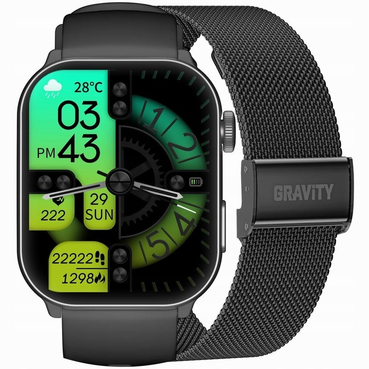 Smartwatch Gravity GT28-1, fekete, 2,01 hüvelykes kijelző, Bluetooth 5.2