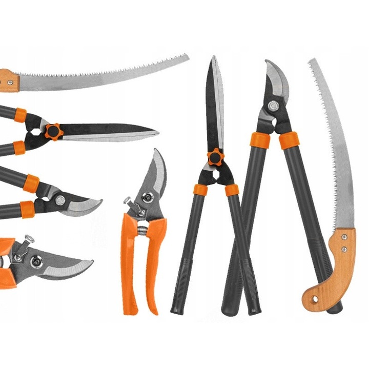 Set foarfeci de gradina, 4 piese, pentru taiere ramuri subtiri si groase, taiere gard viu, lungime lama 20cm, 31cm, multicolor