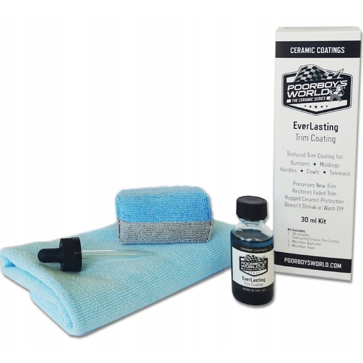 Powloka ceramica pentru plastic 30ml, Poorboy's World, set cu aplicator si prosop din microfibra, protectie UV, rezistent la chimicale