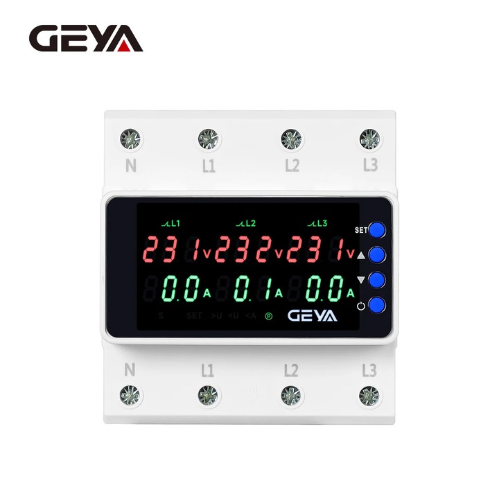 Releu protecție tensiune GEYA GPS6-N6VA2, 63A, 4P, alb, instalare pe șină DIN, trifazat, monitorizare automată