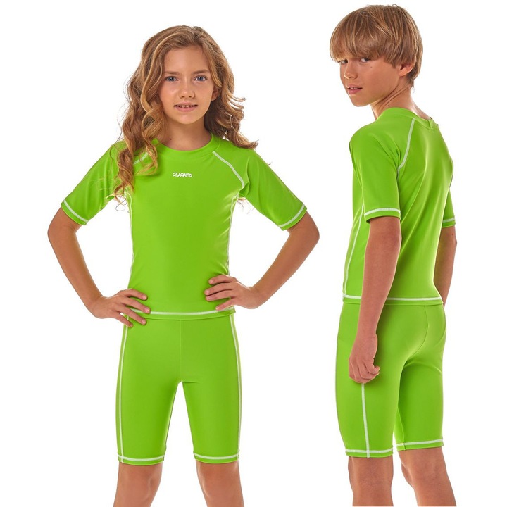 Costum de baie unisex pentru copii, costum de baie din doua piese, rezistent la raze UV, ZAGANO 7005, Verde