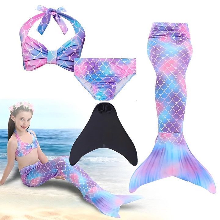 Set 4 piese Costum de baie Sirena YOUKUKE, coadă de sirenă albastru-violet, slip bikini, lenjerie intimă bikini, monofin, 130CM