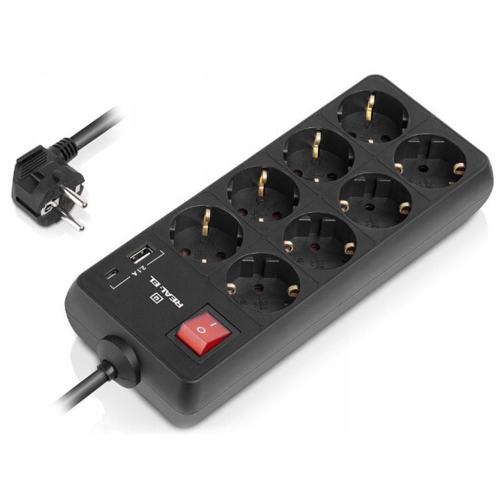 Разклонител с 8 гнезда + USB A + USB C 2,1A 3м, защита от пренапрежение, размери 100x40x240мм, черен
